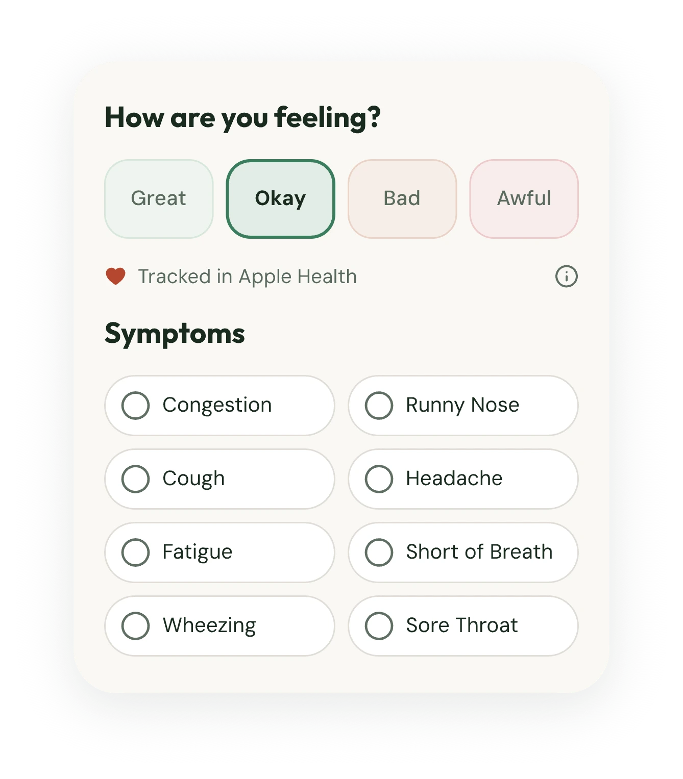 Log sheet: how are you feeling, and a grid of symptoms