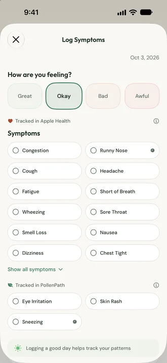 PollenPath Log symptoms screen