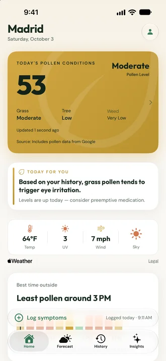 PollenPath Home screen