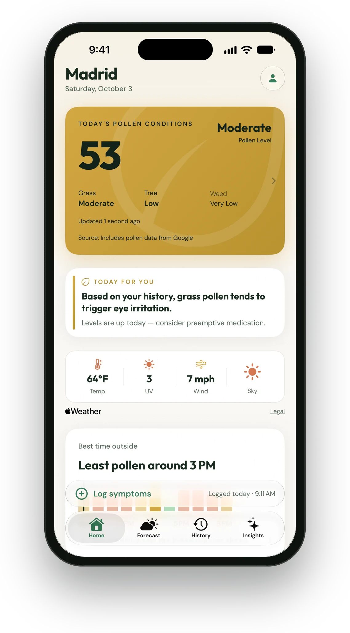 PollenPath Home screen showing today's pollen score of 53, moderate
