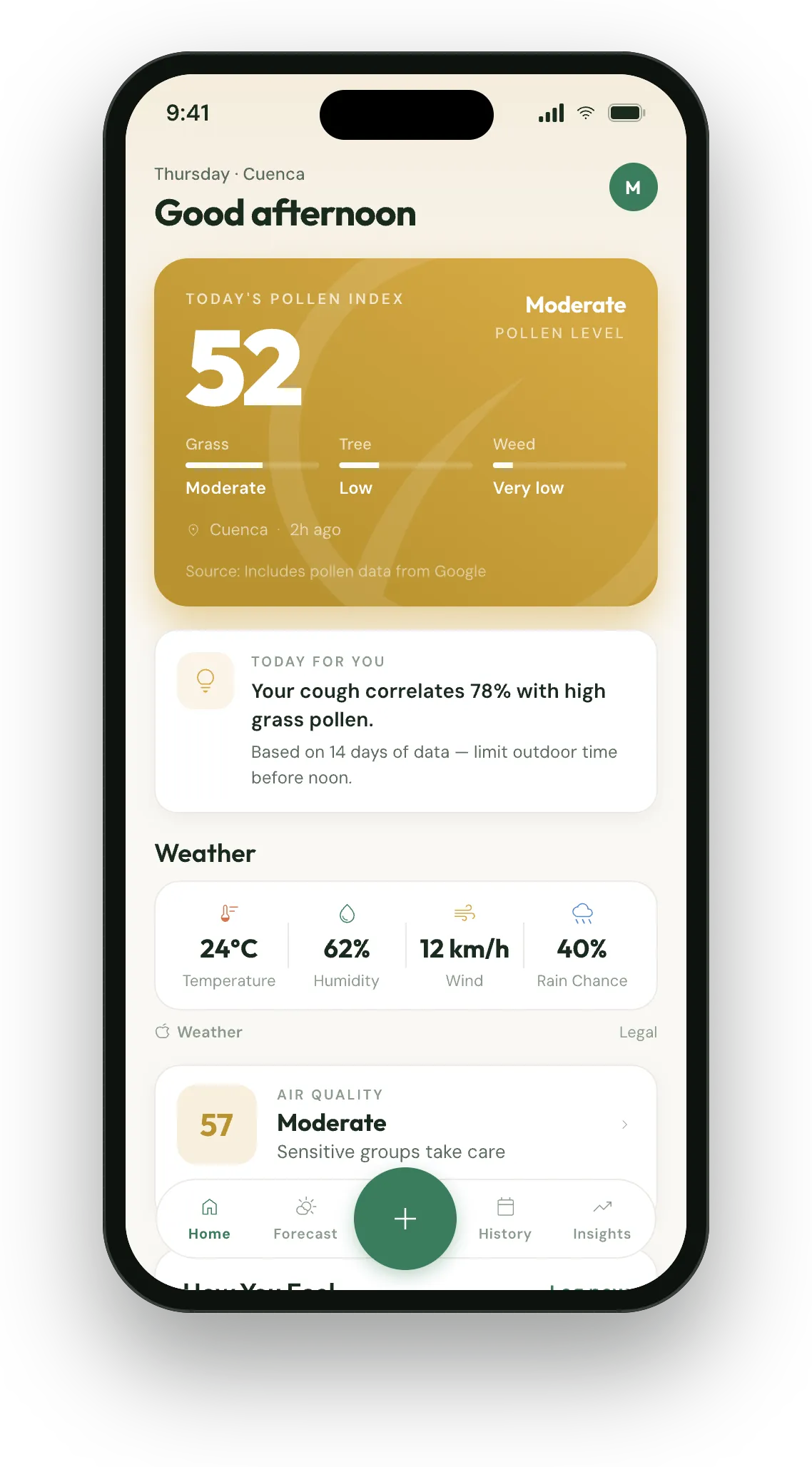 PollenPath Home screen — pollen index, weather, air quality