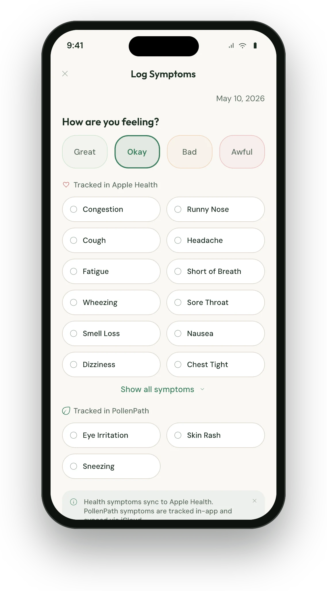 PollenPath symptom logger screen